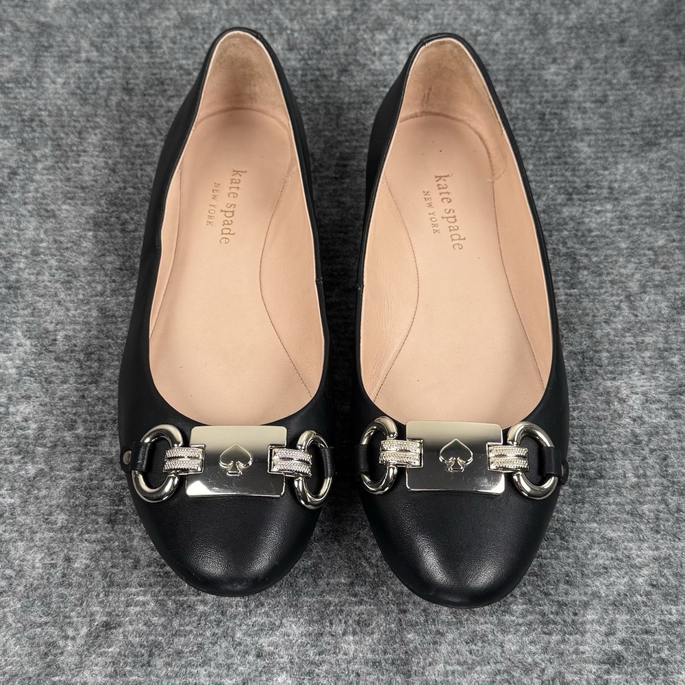 Kate Spade Phoebe Black Leather Ballet Flats Silver Hardware Women's 6 Preppy